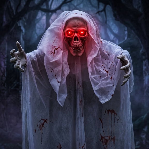 Outdoor Decor Animated Halloween Ghost Skeleton Decor with Led Red Eyes,Terrifying Sound,67" Animatronic Hanging Grim Reaper Decoration,Sound & Motion Activated Ghost for Home Patio Haunted House