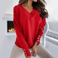 thumbnail image 2 of Aboser Womens Trendy V Neck Sweaters with Button Decor Dressy Casual Long Sleeve Pullover Tops Comfy Soft Knit Sweater Ladies Workwear Red L, 2 of 4