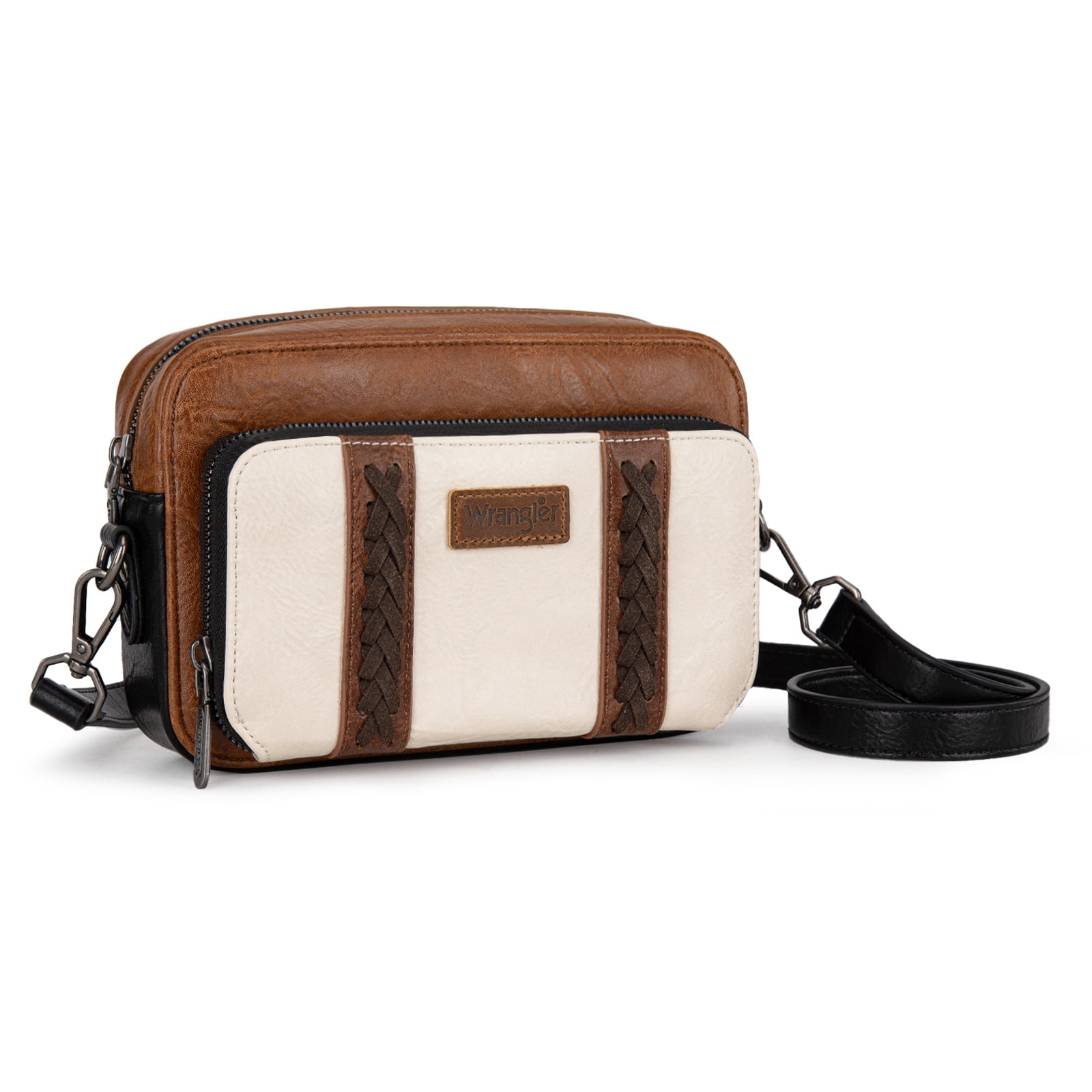Wrangler Crossbody Bag for Women Vegan Leather Western Shoulder Purse Small Multi Pocket Crossbody Wallet Purse Crossover Bags with Adjustable Strap, Brown-Tan