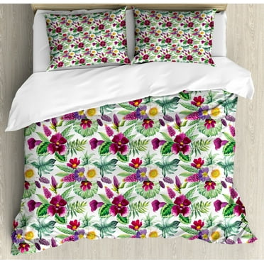 Orchids Duvet Cover Set King Size, Aquarelle Artwork Print Composition with Calla Lily Orchid and Monstera Leaves, Decorative 3 Piece Bedding Set with 2 Pillow Shams, Multicolor, by Ambesonne