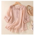 thumbnail image 6 of Women's 2 Piece Set, Embroidered Round Neck Top and Wide Leg Pants, Cotton Linen Matching Outfit for Casual Wear, Daily Outfits, Vacation, and Lounge-Pink, 6 of 9