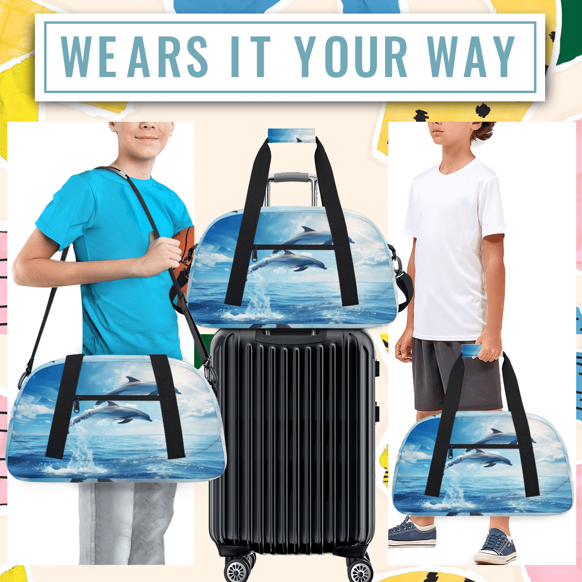 Herdesigns Ocean Sea Dolphin Sports Duffle Bag for Women & Men, Gym Bag Dance Bag Overnight Bag Carry On Weekender Travel Bag