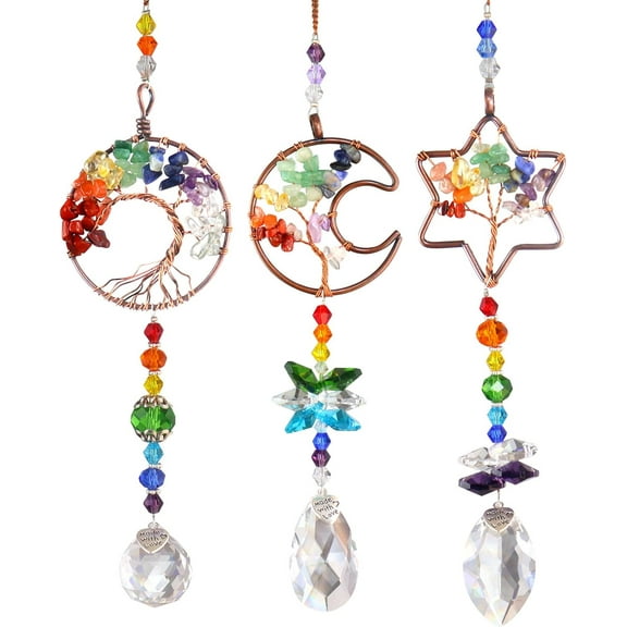 3pcs Rainbow Chakra Crystal Suncatcher Windows Hanging Tree of Life Sun Catchers Decor with Prisms for Car, Feng Shui Charms Decor for Home