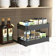 Pull Out Spice Rack Organizer for Cabinet, 2 Tier Slide Out Cabinet Organizer 15 3/4"L x 9 1/2"W x 11"H Black Sliding Spice Rack Upper Cabinet for Storage Spices, Sauces, Cans