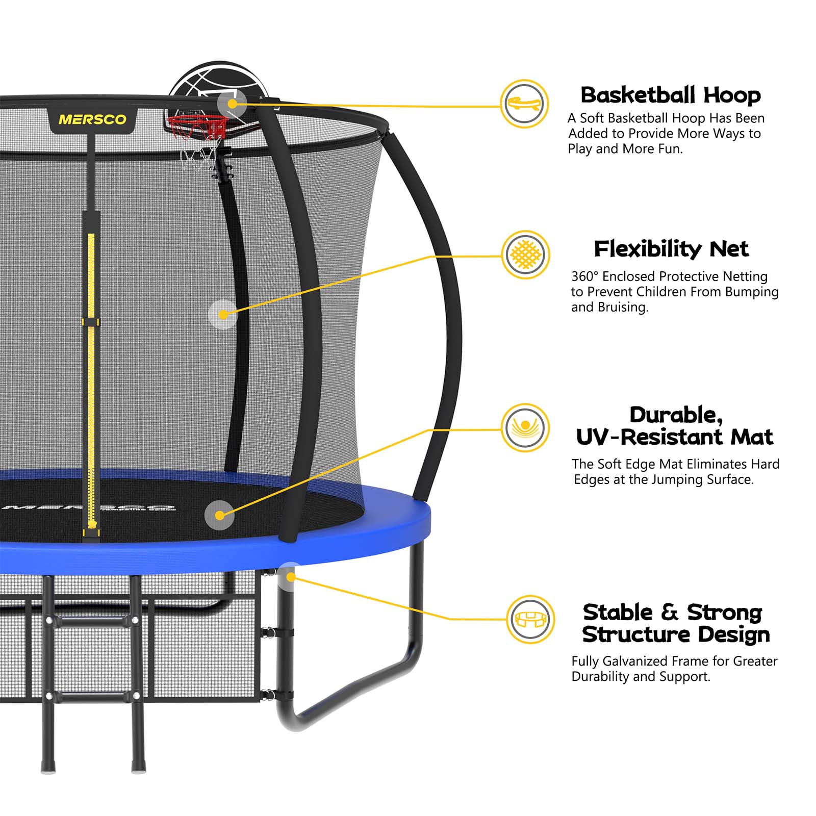 Mersco 10FT/12FT/14FT/15FT/16FT Pumpkin Trampoline for Kids ,Blue Outdoor Jumping Trampoline with Enclosure Net, Basketball Hoop, Ladder, Storage Bag,Home Trampoline SPACE for Birthday Gifts