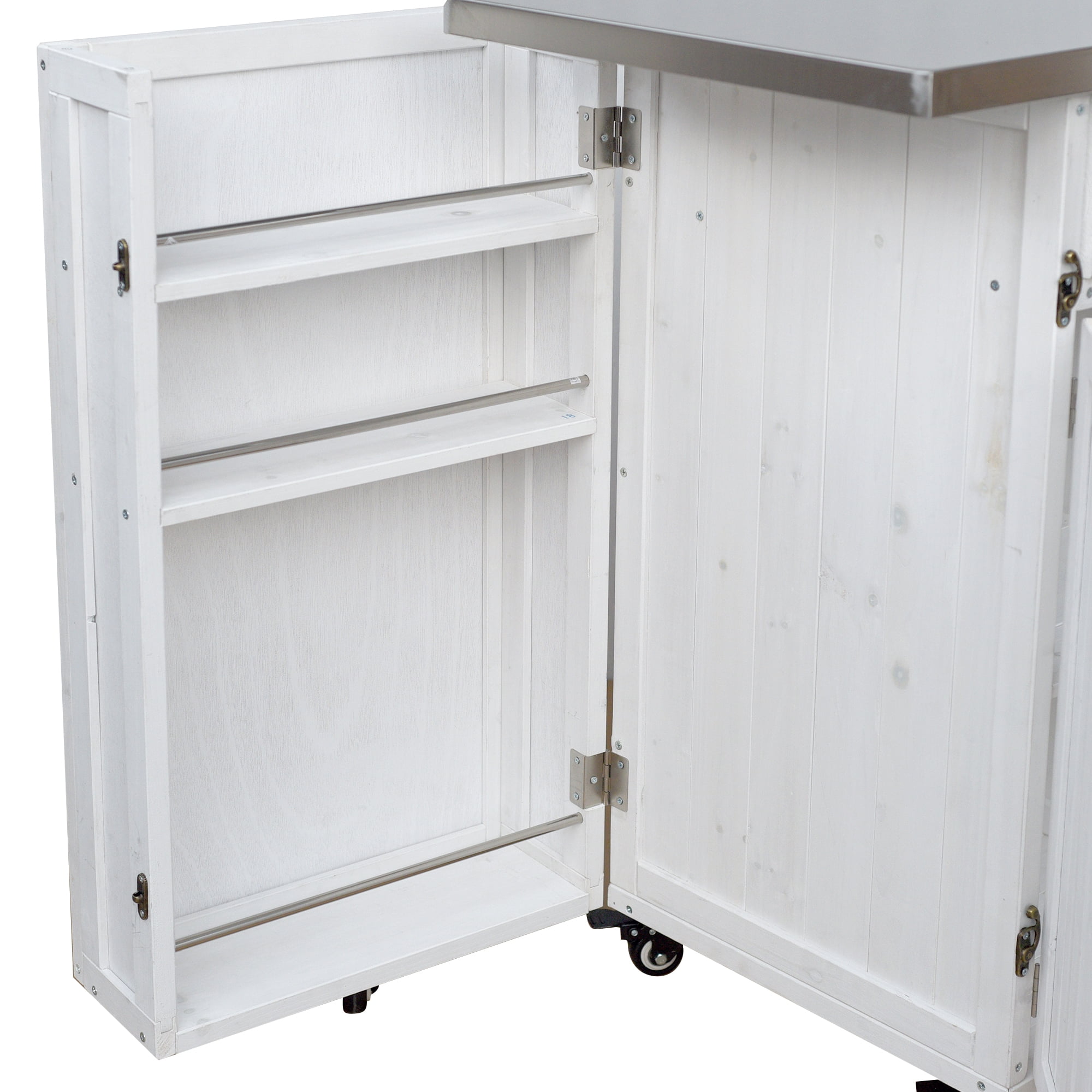 Outdoor Kitchen Island with Stainless Steel Top, Fir Wood Prep Station, Lockable Kitchen Cart with Storage Cabinet for Patio, BBQ, White