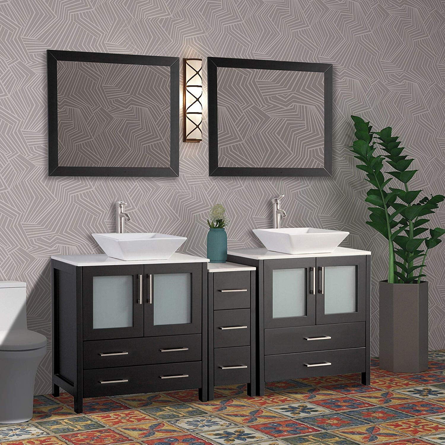 Vanity Art 72" Double Sink Bathroom Vanity Combo Set 7Drawers, 2Shelves, 3 Quartz Top
