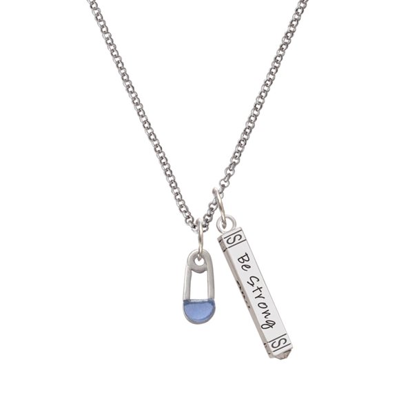 Delight Jewelry Silvertone Blue Baby Safety Pin Silvertone Be Strong and Courageous Bar Charm Necklace, 23"