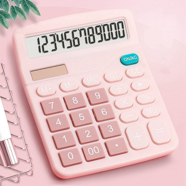 Calculadora de escritorio estándar de 12 dígitos con energía solar y de batería, calculadora para estudiantes, para oficina, escuela, hogar y negocios, color rosa