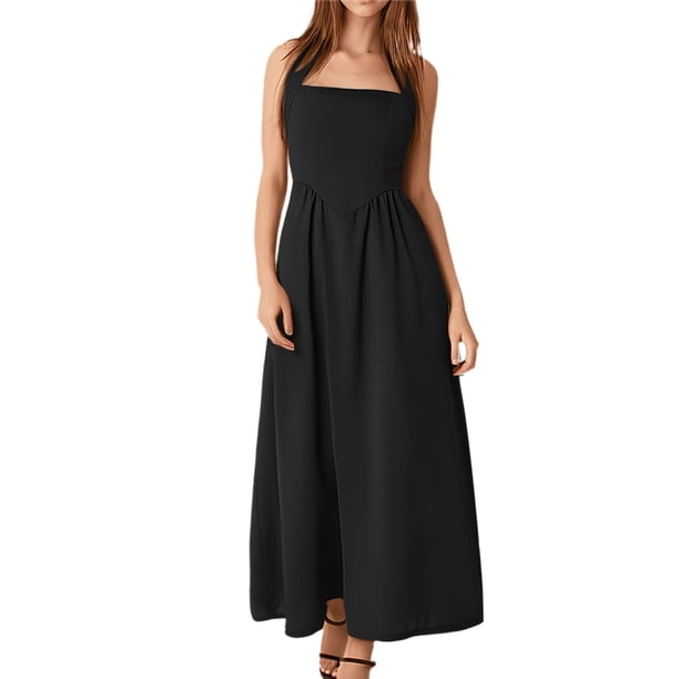 Vestido midi sin mangas de verano para mujer: hombros descubiertos, cintura alta, vuelo, vestido largo de playa, tejido elástico