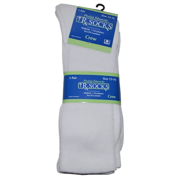 Men's Diabetic Socks XL Non-Binding Crew Length White, 13-16, 3 Pairs