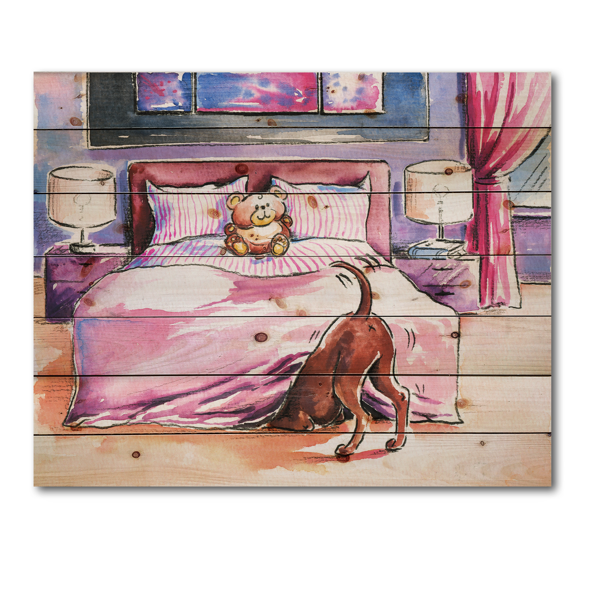 Designart 'Brown Dog Looking Under the Bed and Teddy Bear' Farmhouse Print on Natural Pine Wood