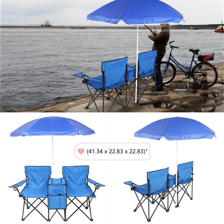 Goorabbit Folding Fishing Chairs For Outdoors,2-Seats Anti-UV Umbrella  Folding Outdoor Chair with Table Cooler for Beach, Patio Picnic,Camping-Blue  