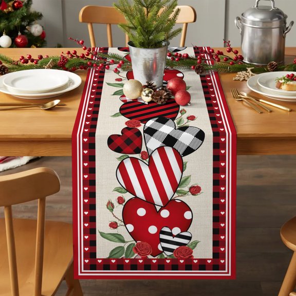 Table Runner 70 Inches Long - Valentine's Day Love Rose Flower Decorative Table Scarf, Red Plaid Retro Linen Dining Table Runners for Wedding Party Kitchen Dining Tables