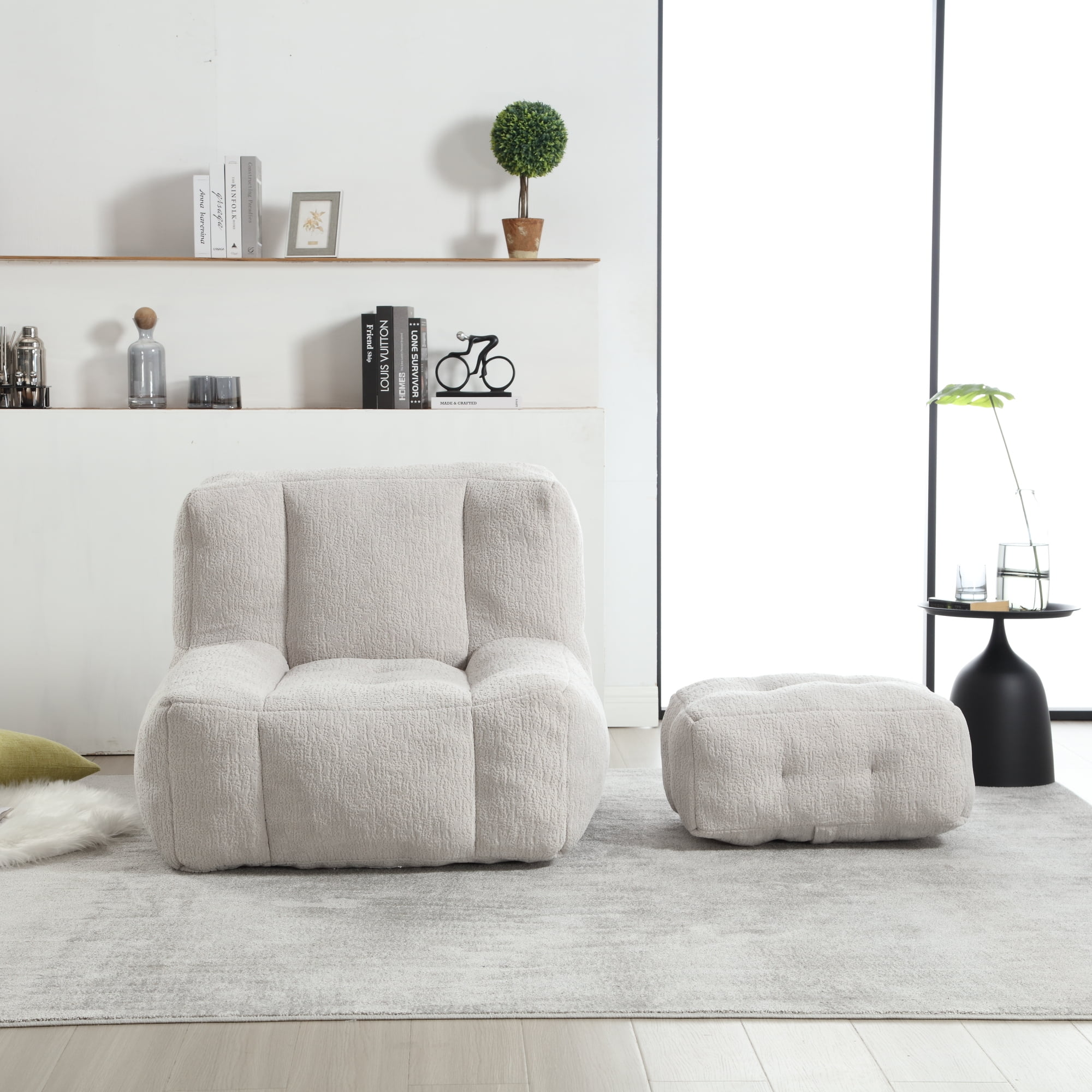 Accent Chair with Ottoman Set,Modern Velvet Bean Bag Chair for Adults and Childs,Upholstered Lazy Sofa Chair Armchair for Living room, Bedroom, Apartment,Light Gray