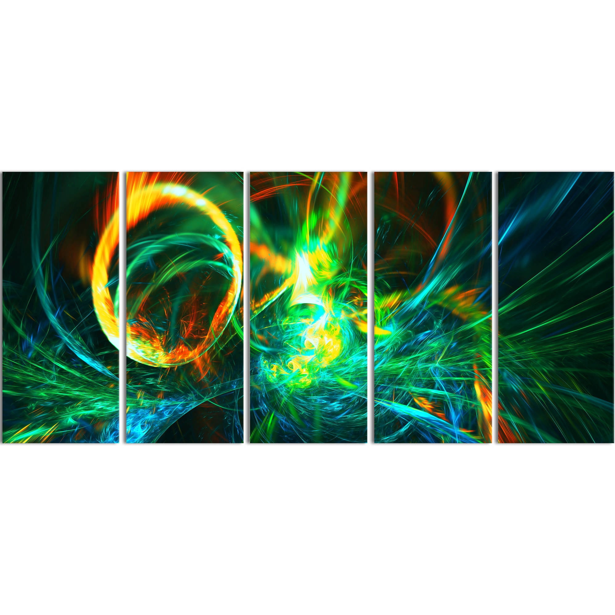Fire Green Abstract Art on Canvas, 5 Equal Panels, 60" x 28"