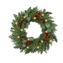 Christmas Wreath with Lights 23.62Inch Real Touch Pine Wreath with Red Berries/Pine Cone Prelit Christmas Wreaths for Front Door Outdoor Christmas Decorations Winter Wreath for Windows Indoor Holiday