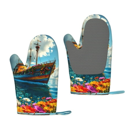 

Zeuib Floral Ship On Ocean Print Oven Mitts Oven Gloves with Non-Slip Silicone Heat and Slip Resistant Cooking Mitt Set for Cooking and Baking (2 Count)
