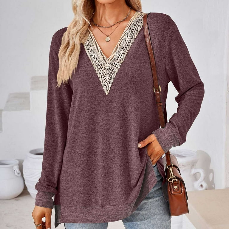 Casual Solid Lace Patchwork V Neck T-Shirts Casual Solid Lace Patchwork V Neck T-Shirts