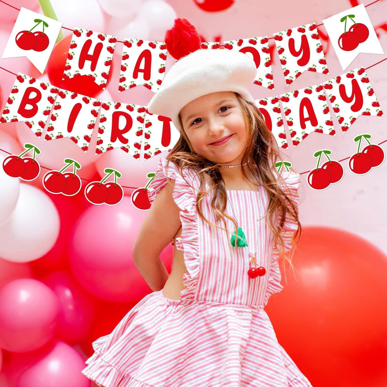 Cherry Themed Happy Birthday Banner Garland Sweet Cherry Birthday Party Decorations Fruit Theme Party Supplies for Girls1st 2nd 3rd Birthday Party