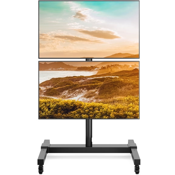  RTVR Dual Screen Rolling TV Stand for 32 to 65 inch Flat Curved Screens, Heavy Duty Mobile TV Cart on Wheels, Modern Black