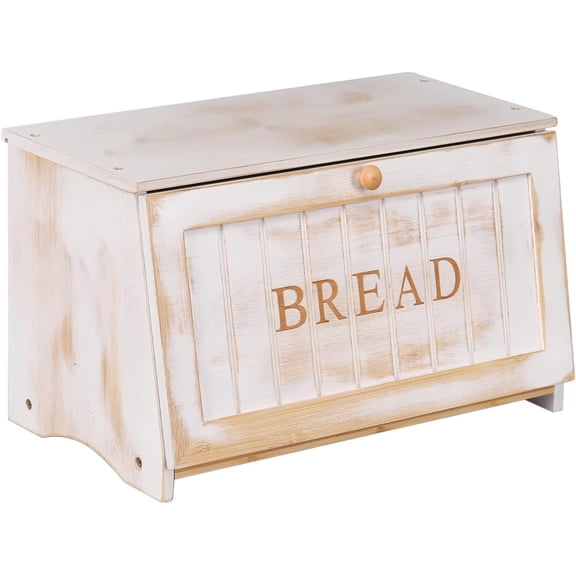 Vintage Large Wood Bread Box for Kitchen Counter, Retro Design Single Layer Bamboo Large Capacity Food Storage Bin (White)