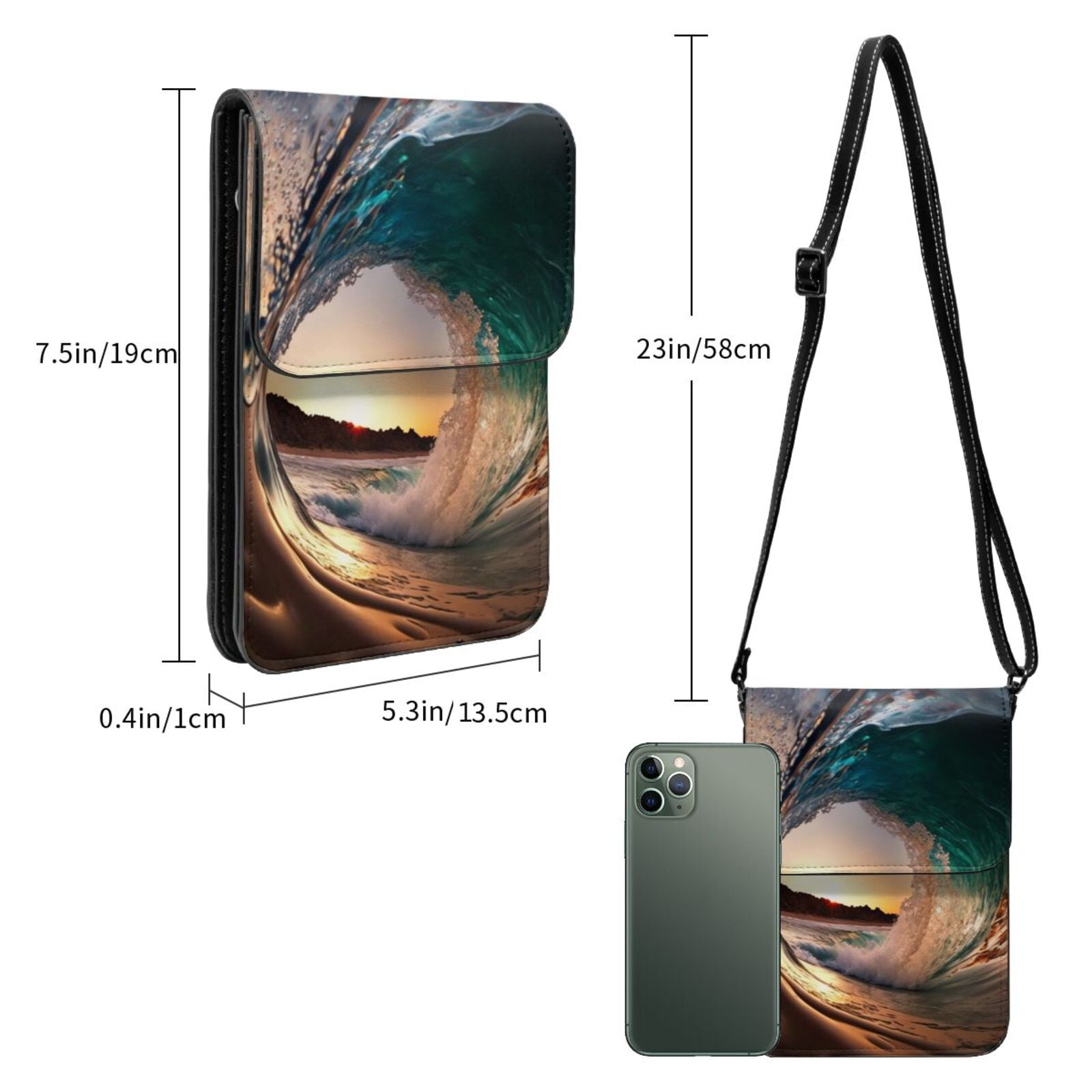 Wave Inside Hollow Morning Surf Cell Phone Purse Small Crossbody Bag with Strap Credit Card Slots Leather Shoulder Wallet for Women