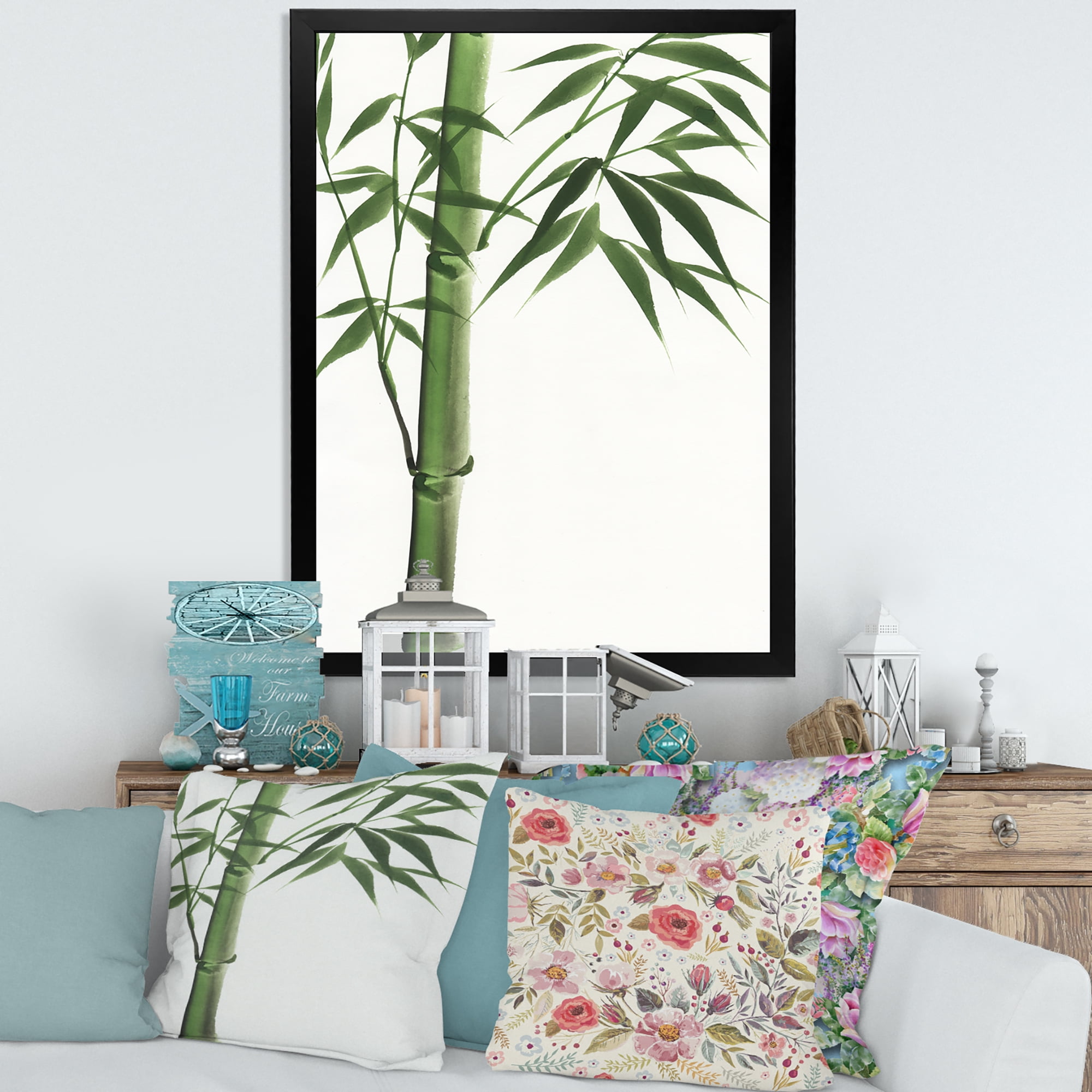 Designart 'Detail Of Dark Green Bamboo On White III' Traditional Framed Art Print