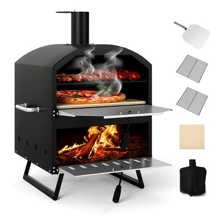 Patiojoy Outdoor 16" Wood Fired Pizza Oven 2-Layer Pizza Maker with Square Stone