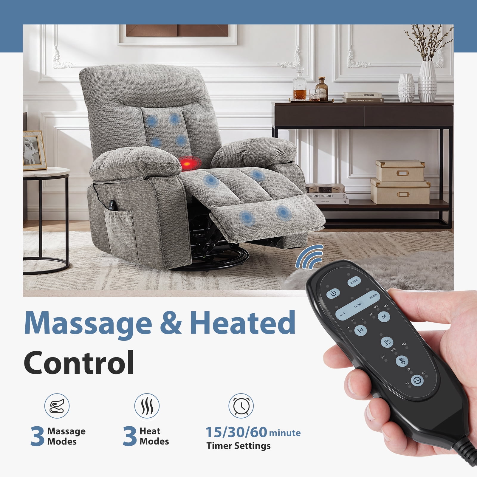 Gianna Swivel Rocker Recliner Chair with Massage and Heat, 270° Swivel with Chenille Fabric, Footrest and Adjustable Recline 90°–150° for Living Room or Bedroom