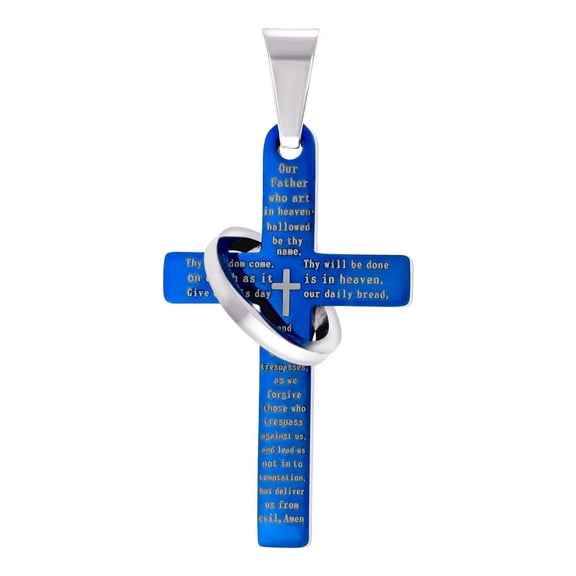 Stainless Steel Blue-tone Mens Halo Ring Lord's Prayer Cross Religious Charm Pendant Necklace Ring for Men