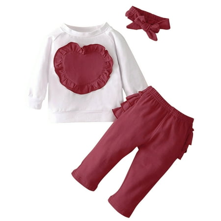 

Baby Girls Boys Cotton Print Autumn Ruffle Heart Long Sleeve Pants Headbands Set Clothes Matching Girl Clothes
