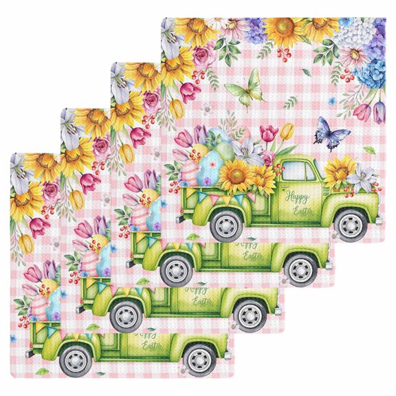 Spring Easter Kitchen Dish Towels for Drying Dishes Set of 4, Colorful Eggs Floral Truck Butterflies Pink Plaid Waffle Weave Microfiber Hand Tea Bathroom Towels Quick Dry & Absorbent Towel 12x12