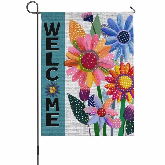 Welcome Garden Flag 12 x 18 Inches, Spring Blue Pink Dots Floral White Linen Texture Weather Proof Outdoor Patio Flags Double Sided Small Garden Decoration for Yard Outside Home