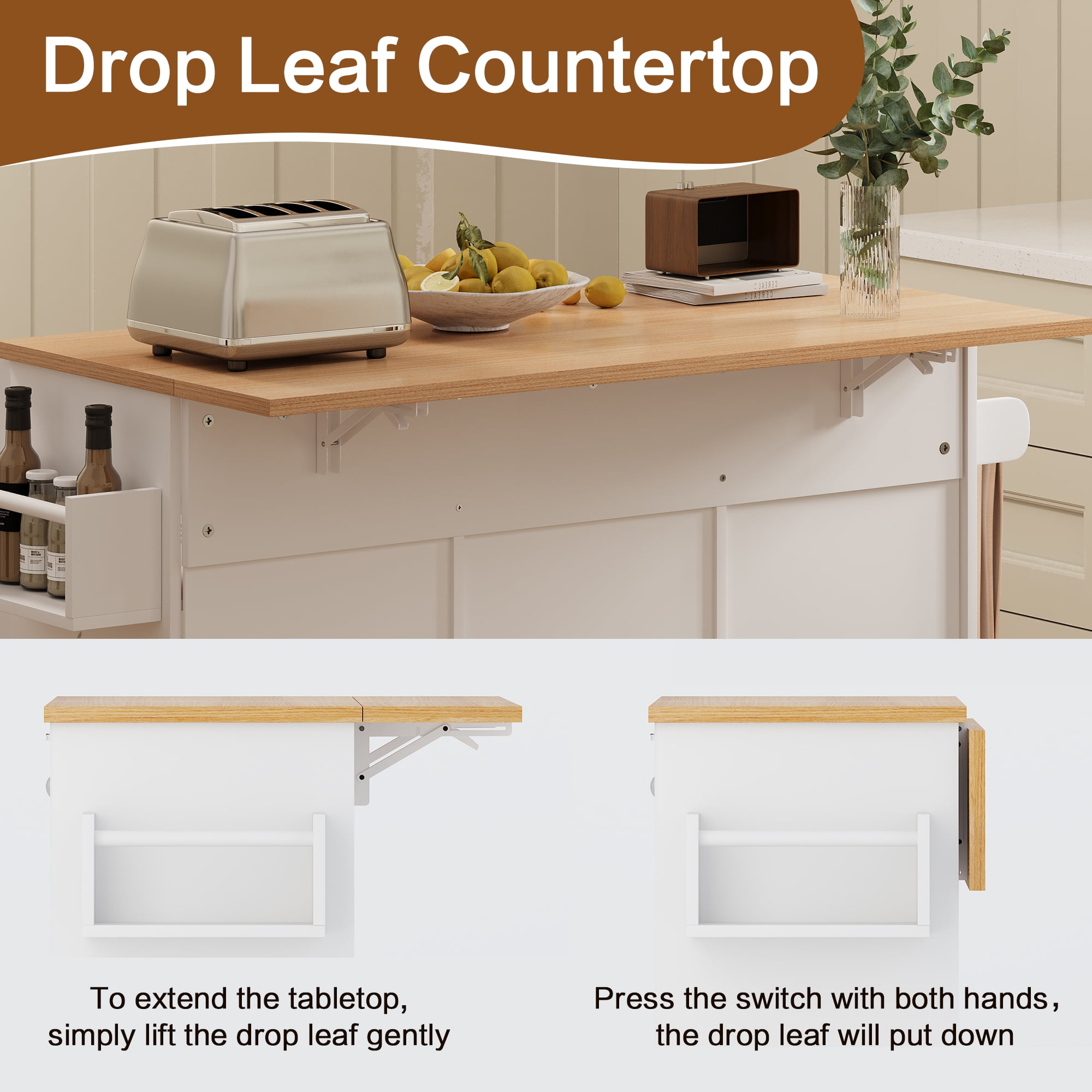 spanspace 48" Kitchen Island Cart with Drop Leaf , 10 Gallon Storage and Tilt Out Trash Can Cabinet , Portable Kitchen Island with Wheels Drawer and Adjustable Shelves for Kitchen, White