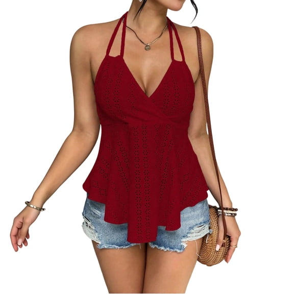 Women's Halter Hollow Out Tank Tops V Neck Tie Back Ruffled Hem Blouses Summer Casual Shirts, XS