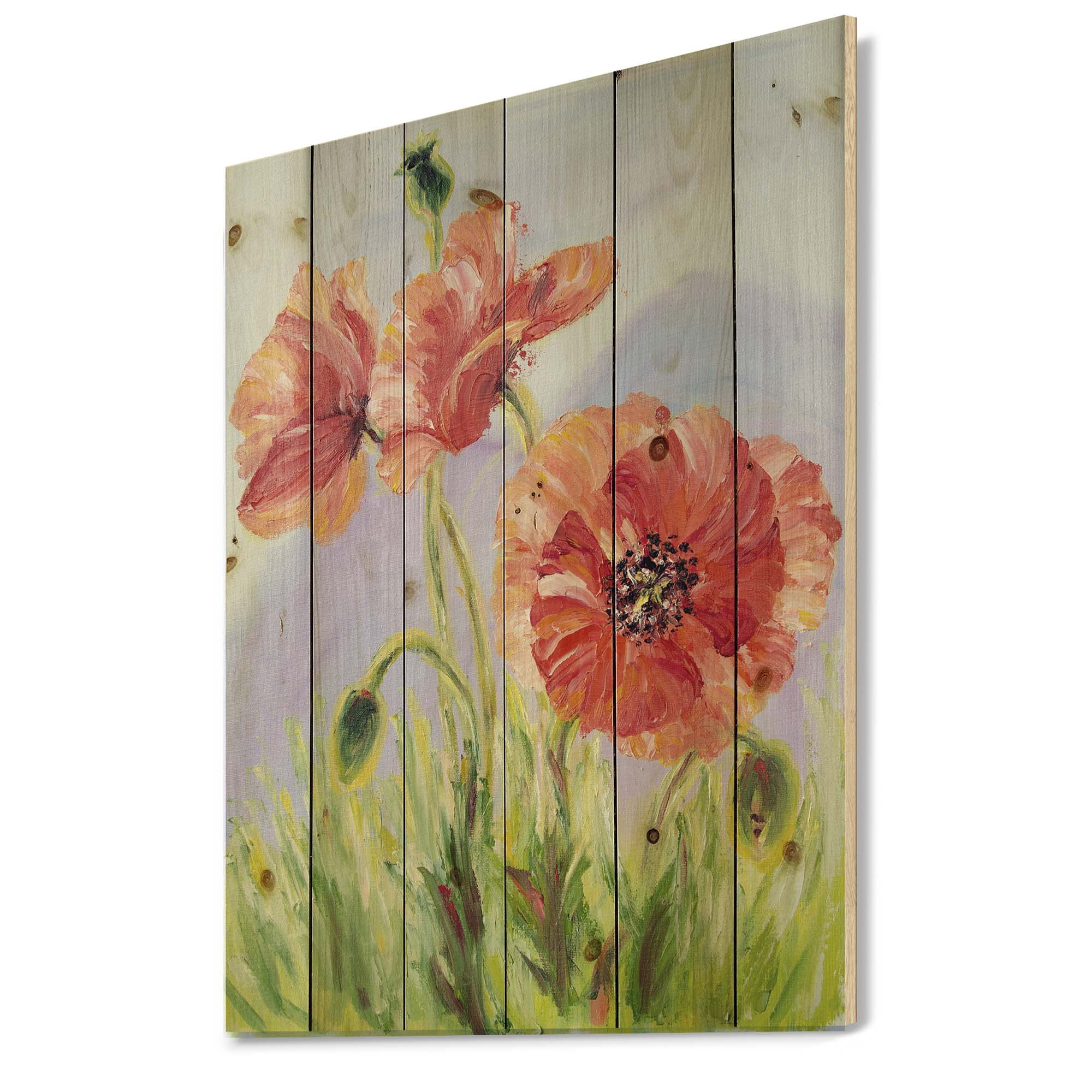 Designart 'Blossoming Poppies At Dawn' Traditional Print on Natural Pine Wood