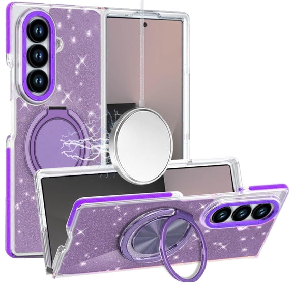 For Samsung Galaxy Z Fold 7 Glitz HQ Shimmer Glitter [Magnetic Ring Circle] with 360 degree Rotational Ring Kickstand Tough Hybrid Case - Purple