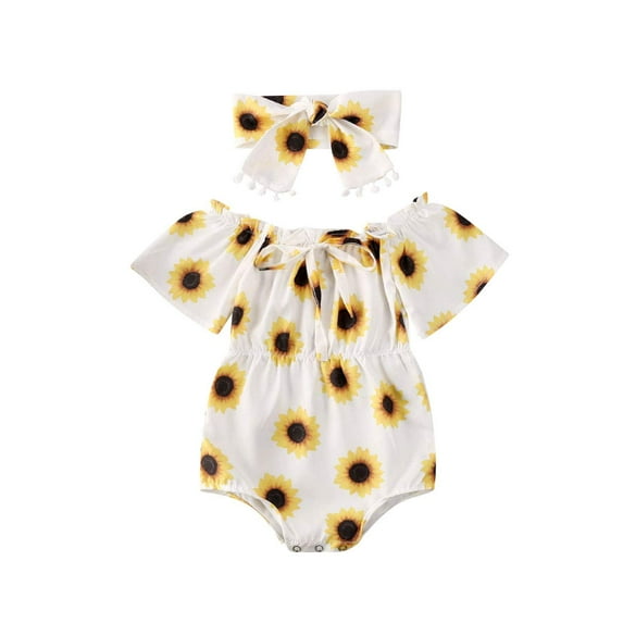 Seyurigaoka Baby Girls Sunflower Romper Sleeveless Ruffled Jumpsuit Headband
