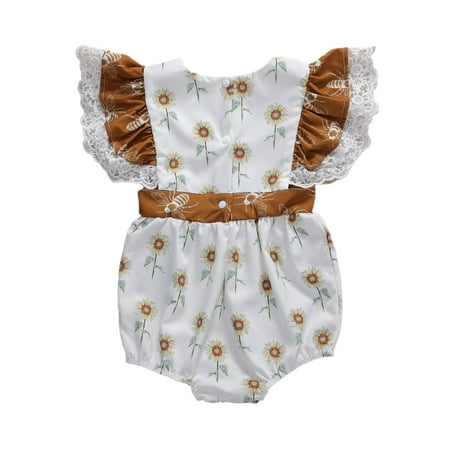 

One opening Girls Sunflower Print Romper Lace Flying Sleeve Jumpsuit