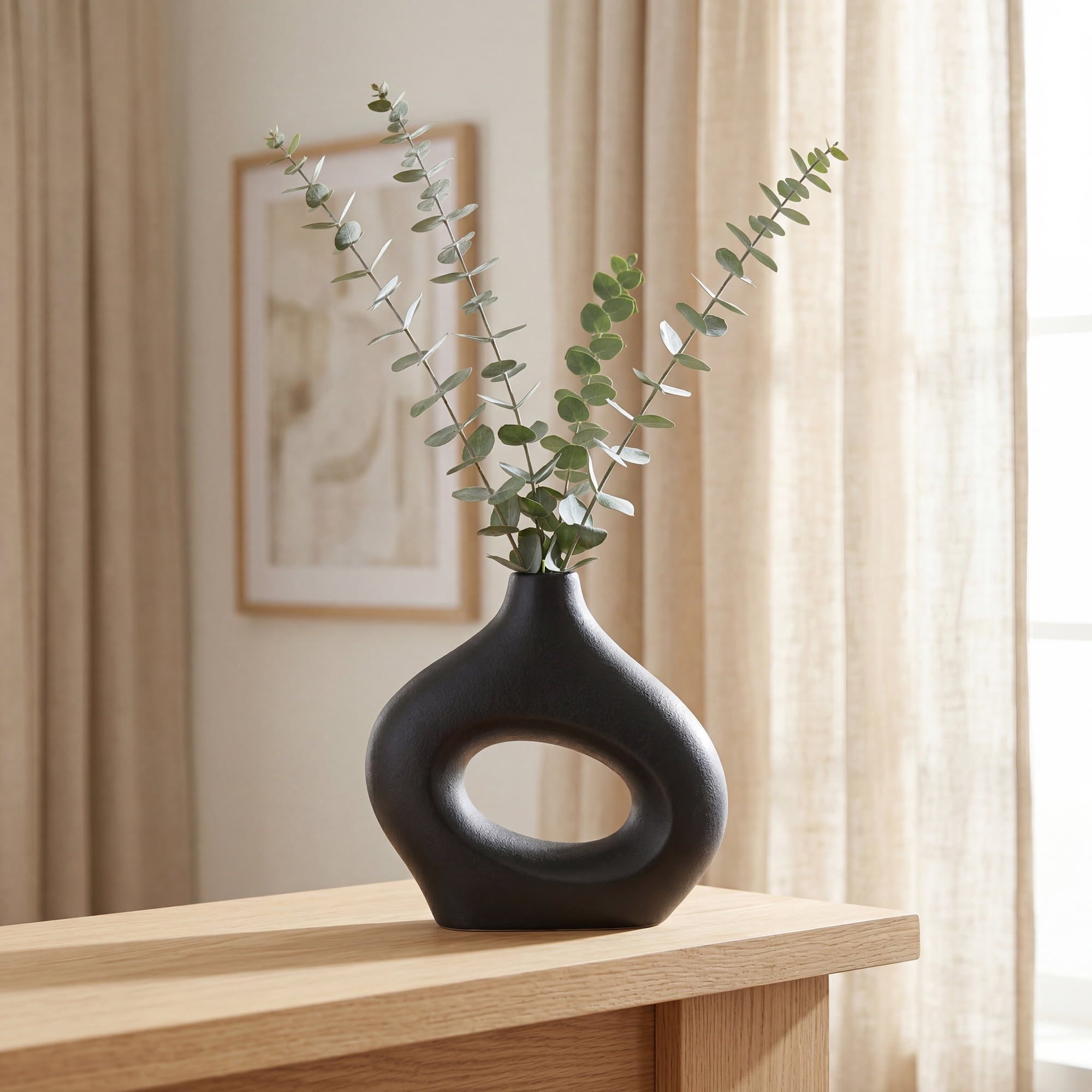 Unique Bargains Donut Hollow Circle Ceramic Flower Vase Black 5.7"L x 1.6"W x 5.7"H
