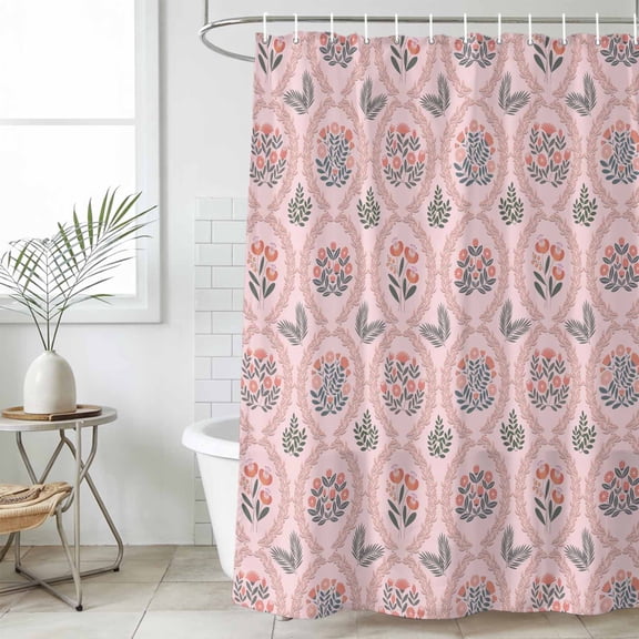 Vintage Flower Pattern Shower Curtain Set, Waterproof Shower Curtains for Bathroom, Spring Floral Leaves Plants Pink Washable Fabric Cloth Bath Curtain for Bathtub Decoration with Hooks 48x72 Inches