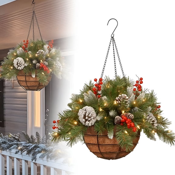 XIBUFE 2026 New Christmas Hanging Basket for Outdoors, Pre-Lit Winter Hanging Planter with Led Lights, Artificial Greenery Christmas Decorations for Porch, Front Door & Home Outdoor Decor Green