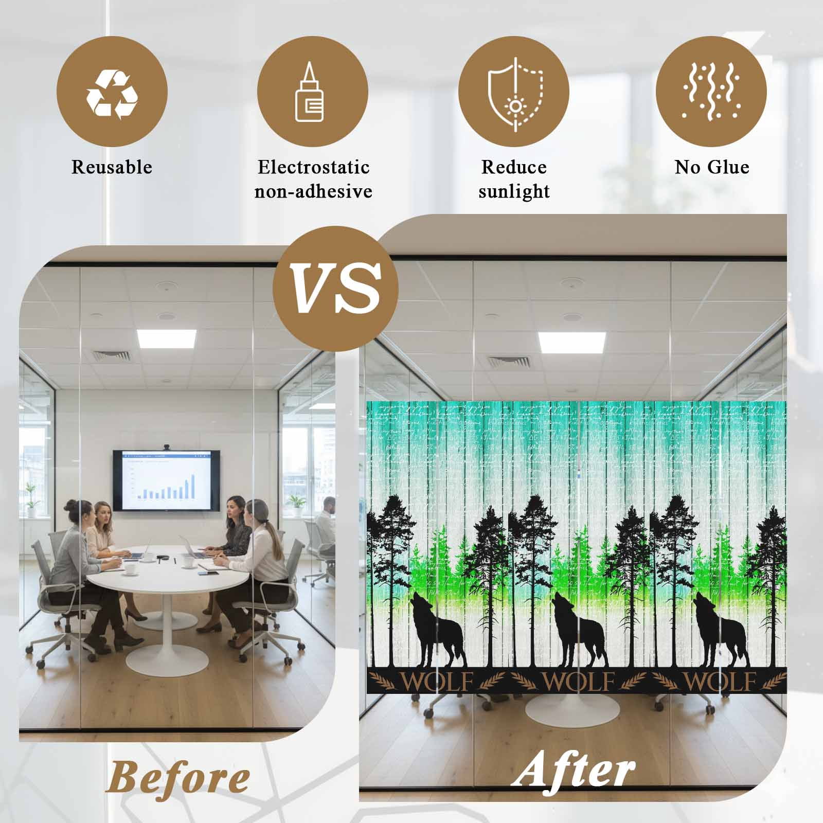 Forest Wolf Window Privacy Film, Pine Needles Green Gradient Wood Grain Frosted Glass Window Clings Static Cling UV Heat Blocking Reusable Door Sticker for Bathroom 23.6 x 59 Inch