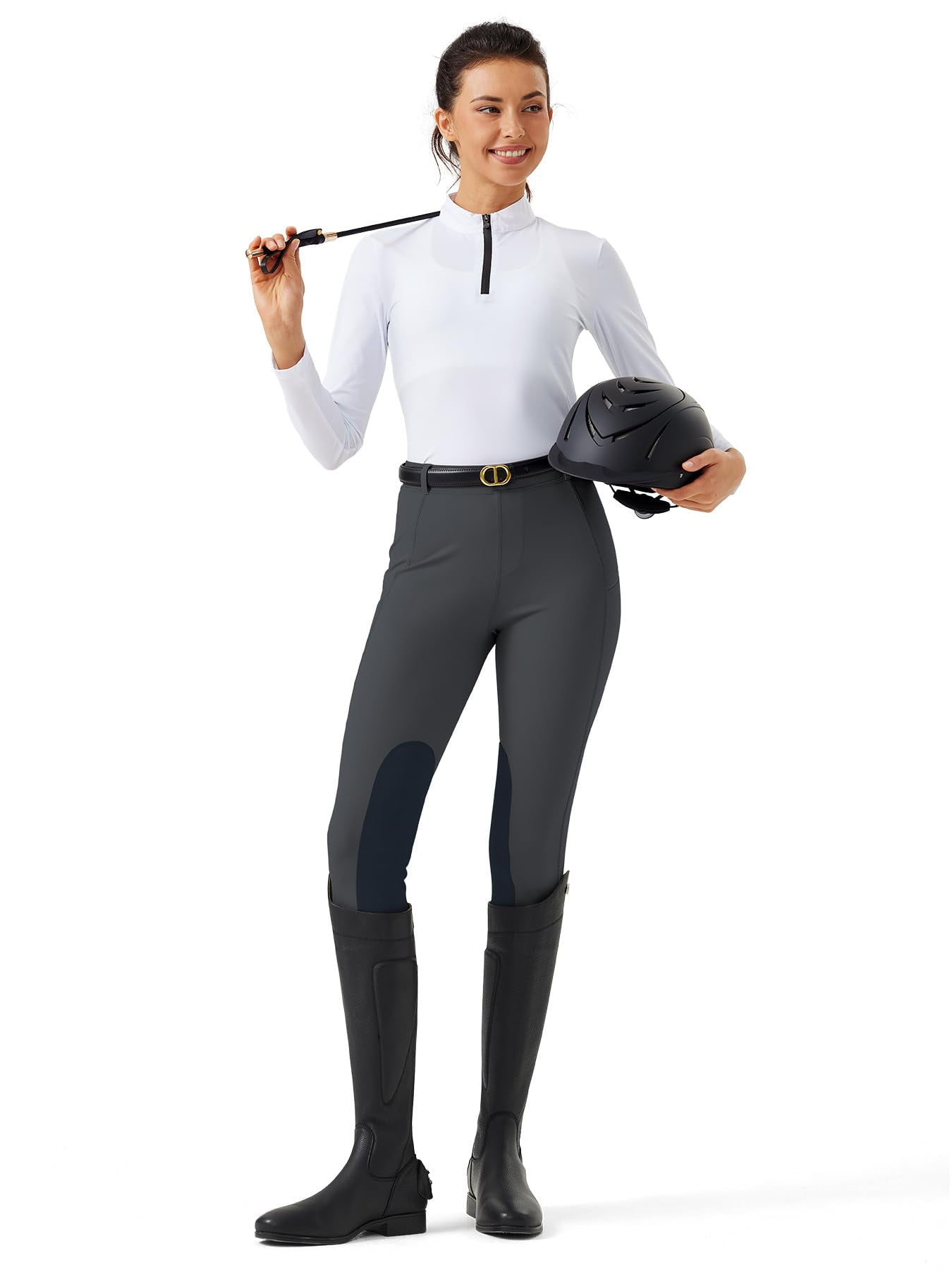 Women's Horse Riding Pants with Zipper Pockets Knee-Patch Schooling Tights Equestrian Breeches for Women Black M