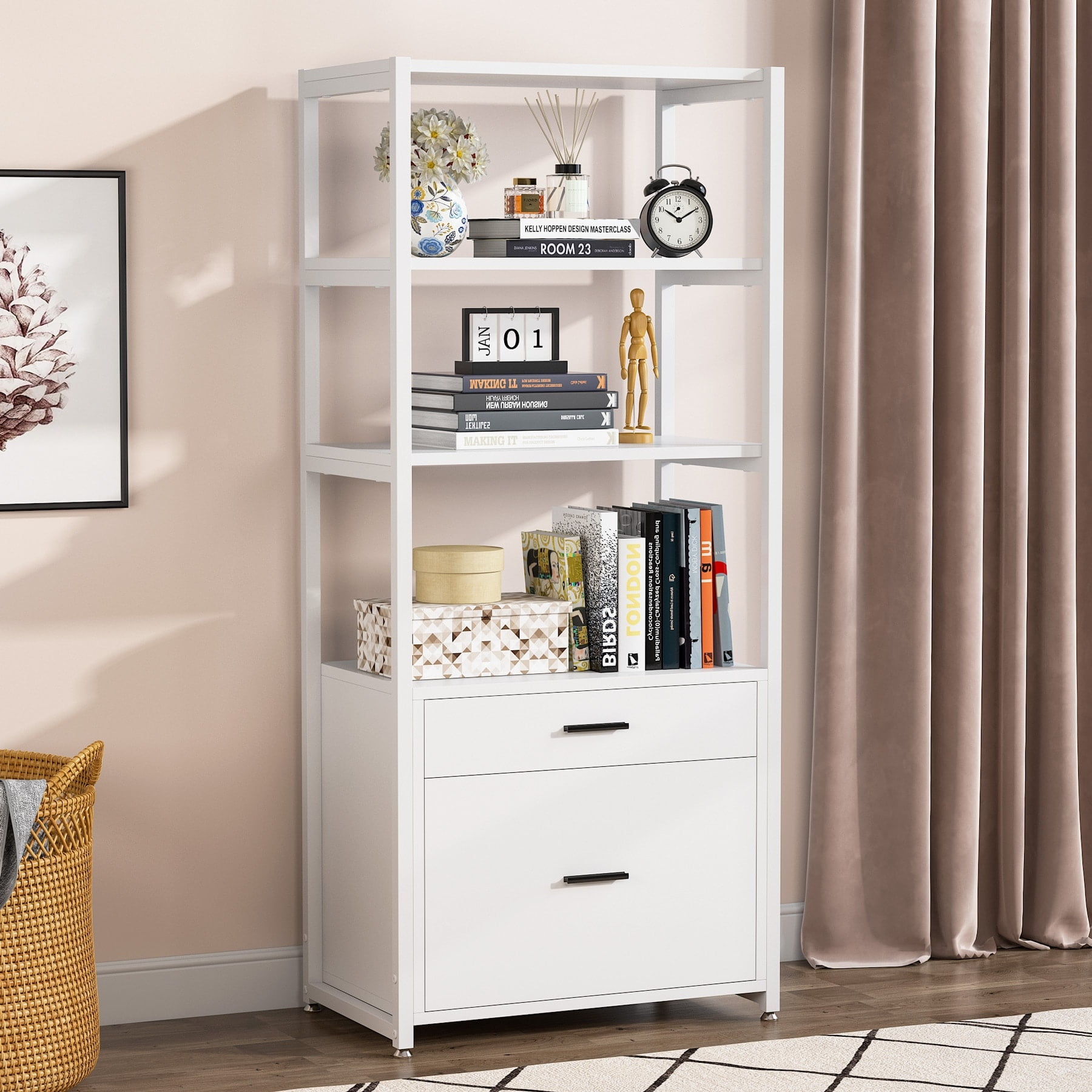 Modern Bookshelf with 2 Drawers, File Cabinet with File Cabinet White ...