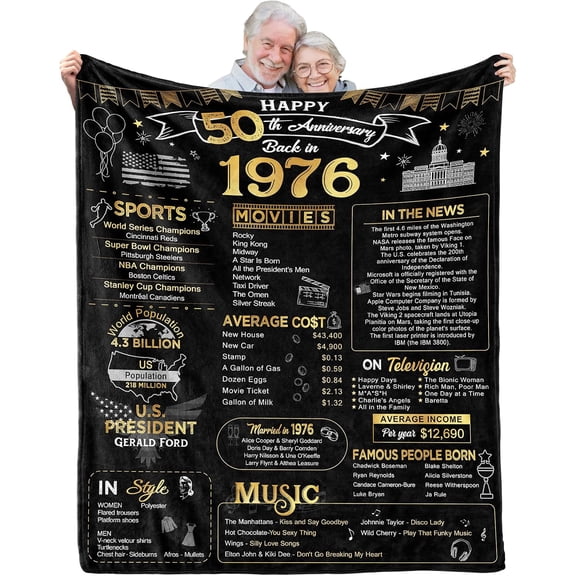 50th Anniversary Wedding Blanket Gifts Gift for 50th Wedding Anniversary Golden 50 Years of Marriage Gifts for Couple Wife Husband Dad Mom Parents Back in 1976 Blanket 60Lx50W