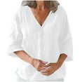 thumbnail image 3 of Dazajoo Cotton Linen Shirt for Old Women Short Sleeve Button Down Blouses Summer Casual Solid Color Round Neck Basic Tops,White,XXL, 3 of 7