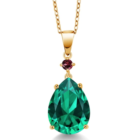 Gem Stone King 18K Yellow Gold Plated Silver Green Nano Emerald and Red Rhodolite Garnet Pendant Necklace for Women (8.37 Cttw, Pear Shape 16X12MM, Gemstone, with 18 inch Chain)