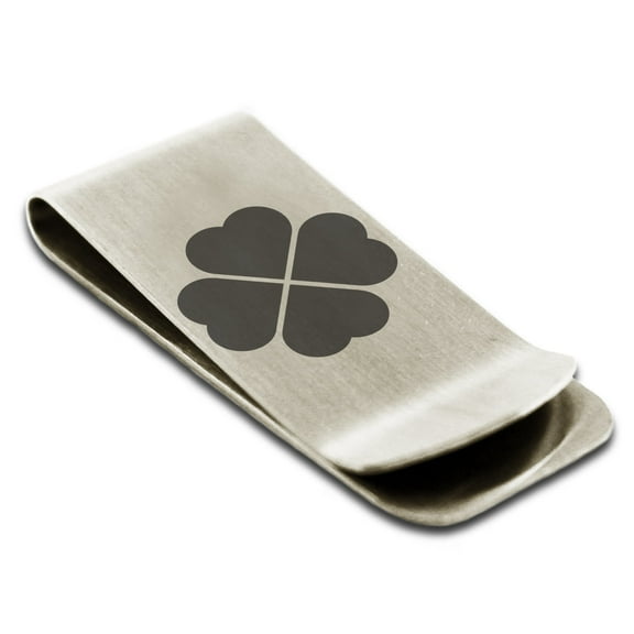 Tioneer Stainless Steel Four Leaf Clover Heart Engraved Money Clip Credit Card Holder